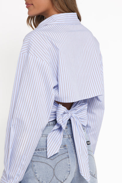 Vienne Tie Back Button Up Shirt Blue Brown Stripe