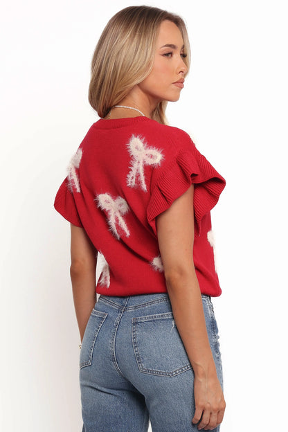 Cherish Ruffle Sleeve Bow Knit Sweater Red