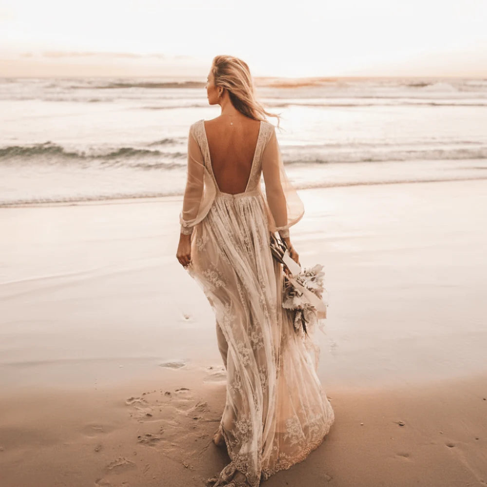 Boho Champagne Lace Beach Wedding Dress