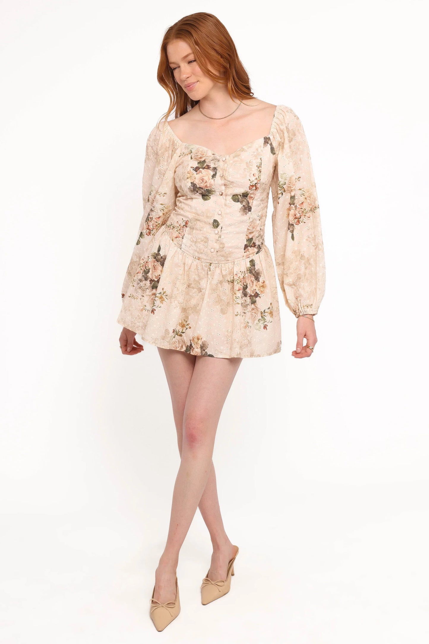 Greta Long Sleeve Romper Beige Floral