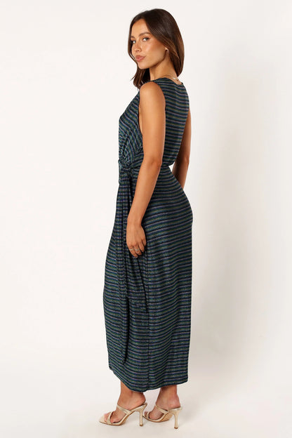 Tahlia Wrap Midi Dress Blue Gold Stripe
