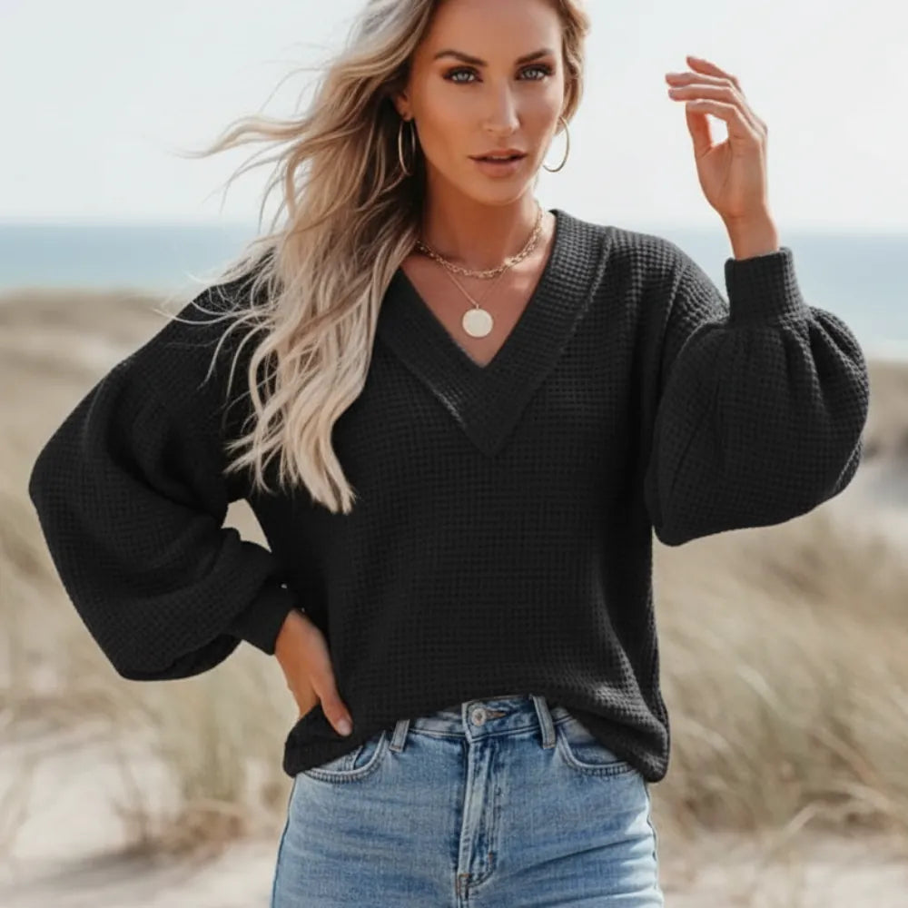 Boho V Neck Lantern Sleeve Knit Top