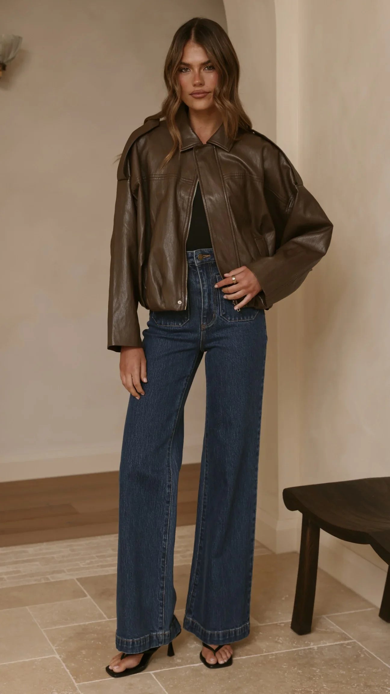 Leela Vegan Leather Bomber Jacket Brown