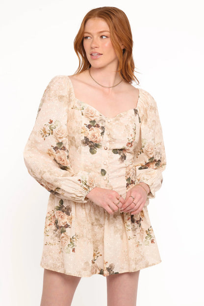 Greta Long Sleeve Romper Beige Floral