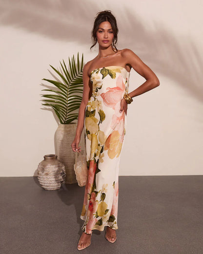 Summer Reverie Strapless Floral Satin Maxi Dress
