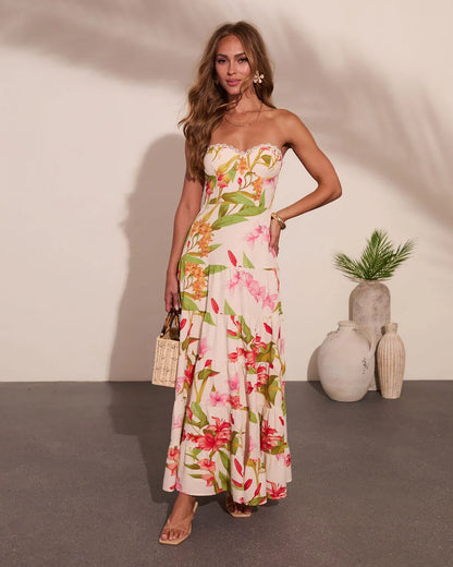 Tropic Mood Strapless Floral Print Maxi Dress