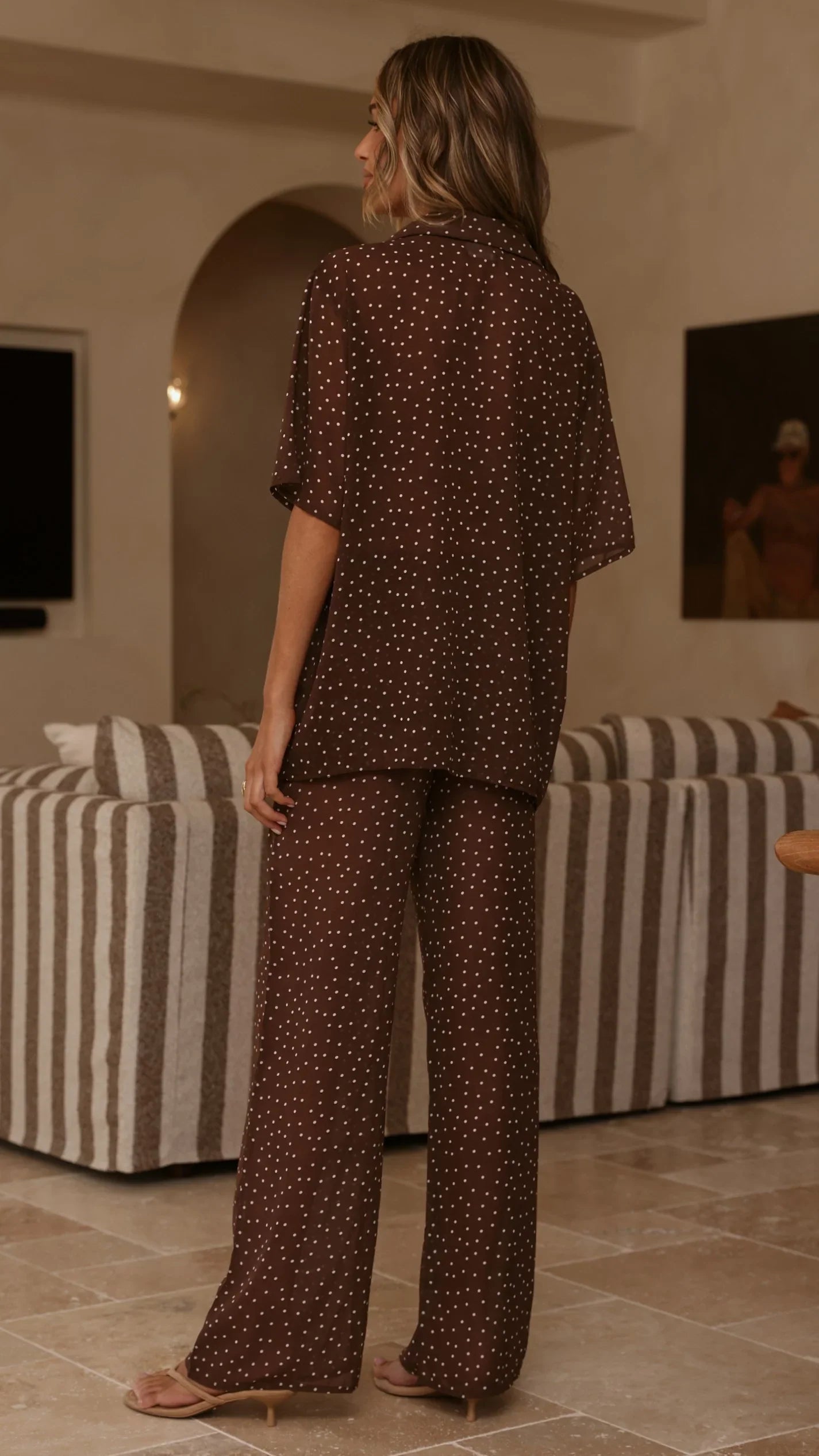 Ashleigh Sheer Shirt and Pants Set Brown Polka