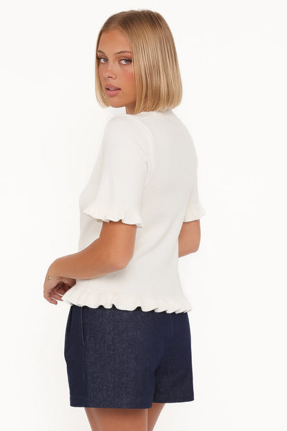 Emilie Short Sleeve Ruffle Crew Sweater Cream