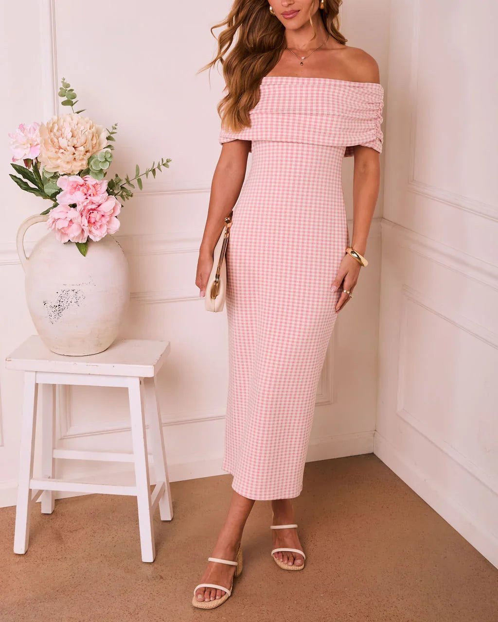Brendah Knit Off The Shoulder Gingham Print Midi Dress