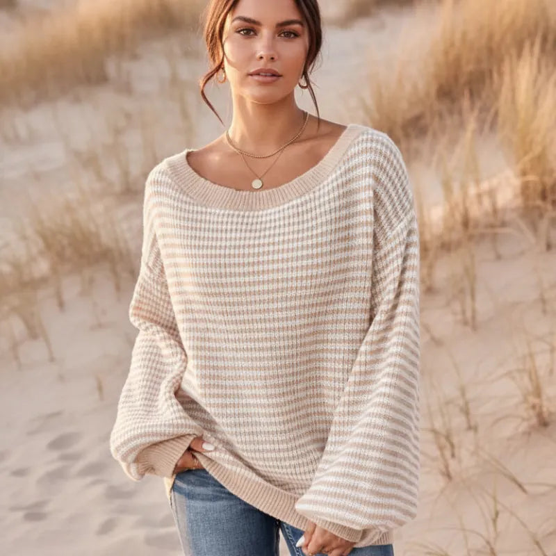 Boho Striped Slash Neck Lantern Sleeve Sweater
