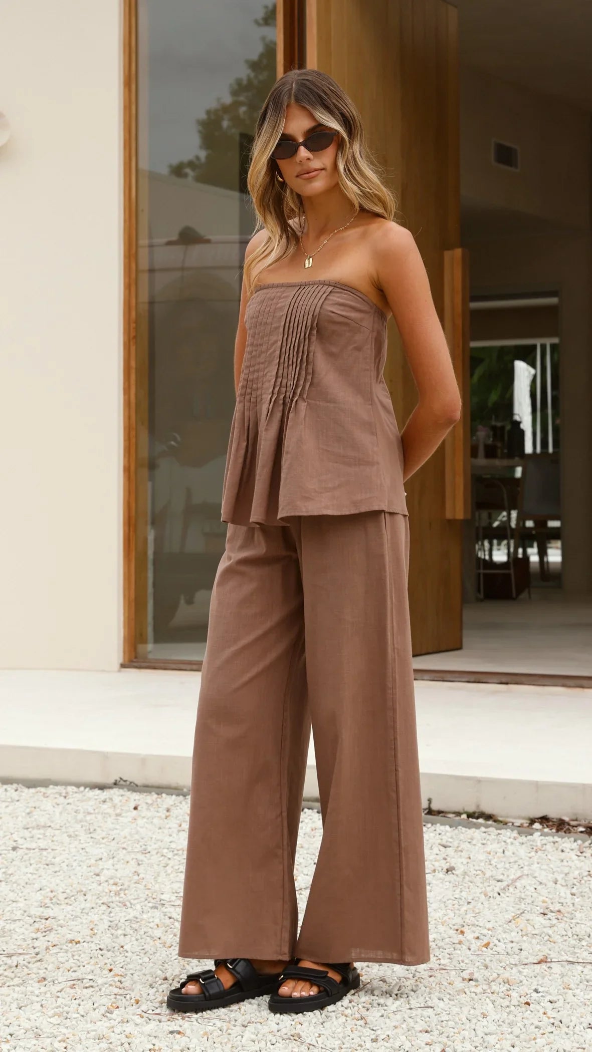Sharni Strapless Pleat Top and Pants Set Chocolate