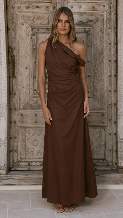 Larissa One Shoulder Maxi Dress Brown