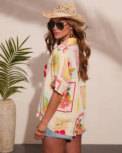 Vacay Breeze Tropical Print Button Down Top