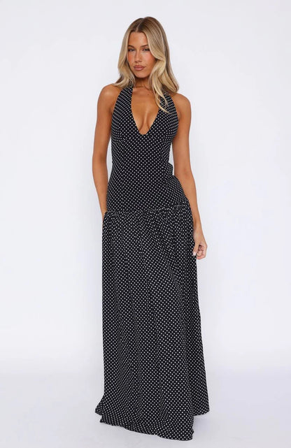 Sweet Temptation Halter Maxi Dress Black White Polka Dot
