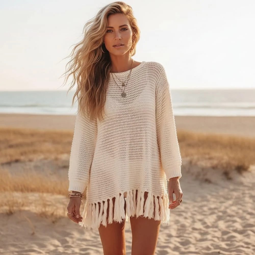 Crochet Knit Beach Cover Up with Tassel Fringe