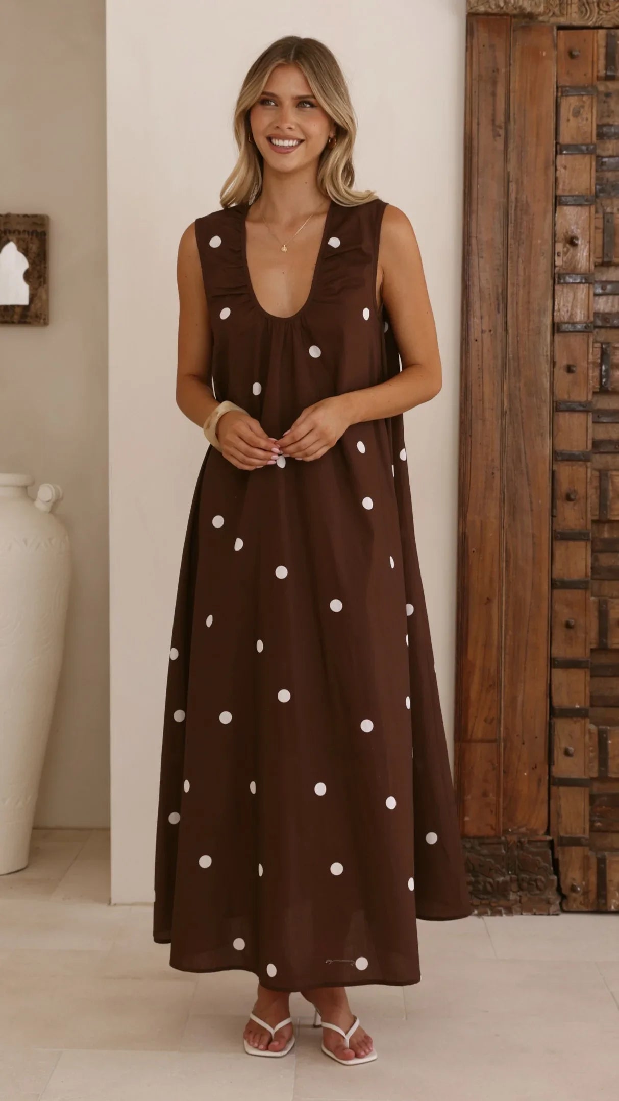 Scout Maxi Dress Chocolate White Polka