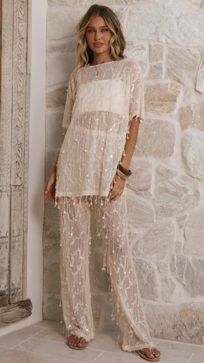 Zabby Sequin Oversized T Shirt Beige