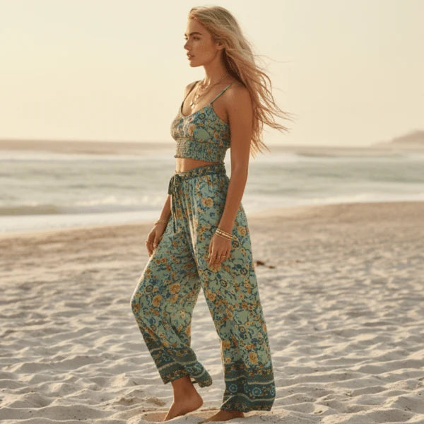 Seafoam Floral Crop Top Wide Leg Pants Set