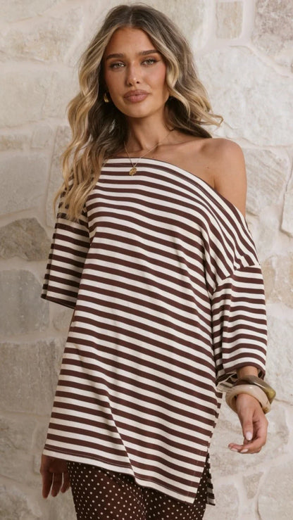Pia One Shoulder Oversize Tee Choc White Stripe