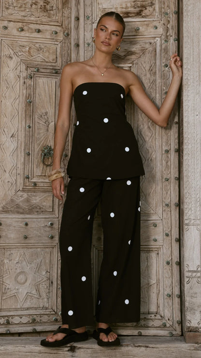 Kailani Strapless Top and Pants Set Black White Polka