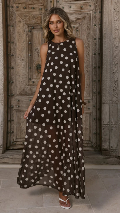 Amryn Maxi Dress Choc White Polka Dot