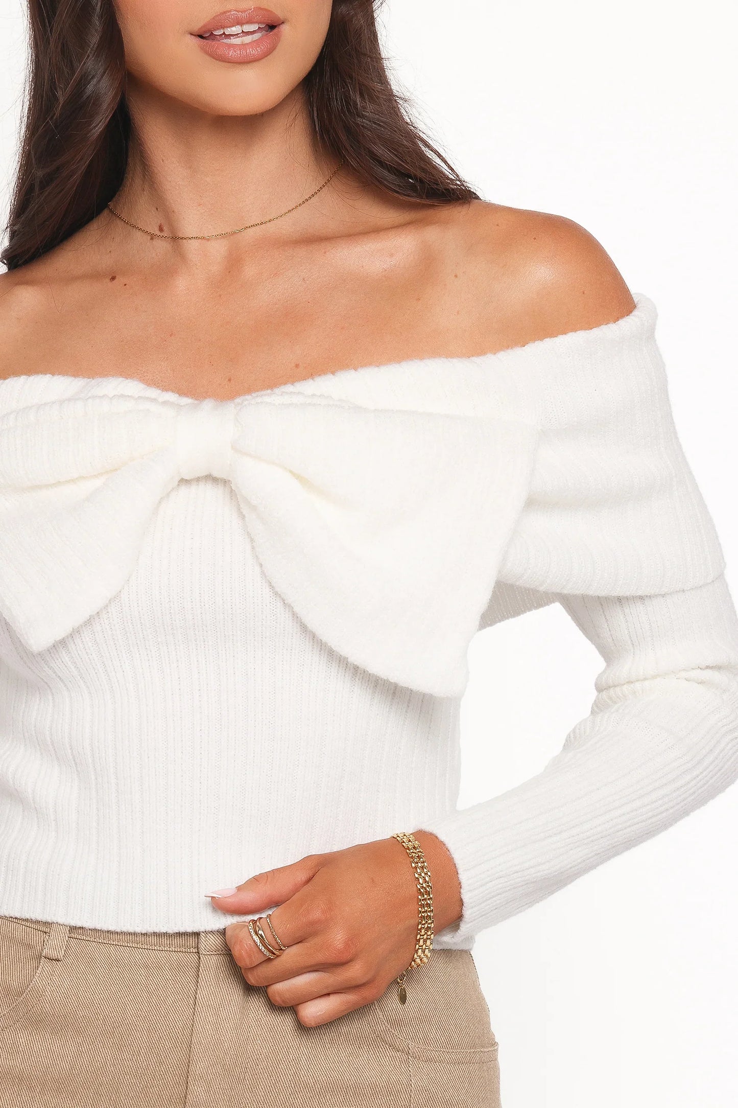 Helene Bow Off Shoulder Knit Sweater Ivory