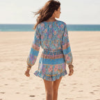 Boho Blue Wildflower Floral Romper with Long Sleeves