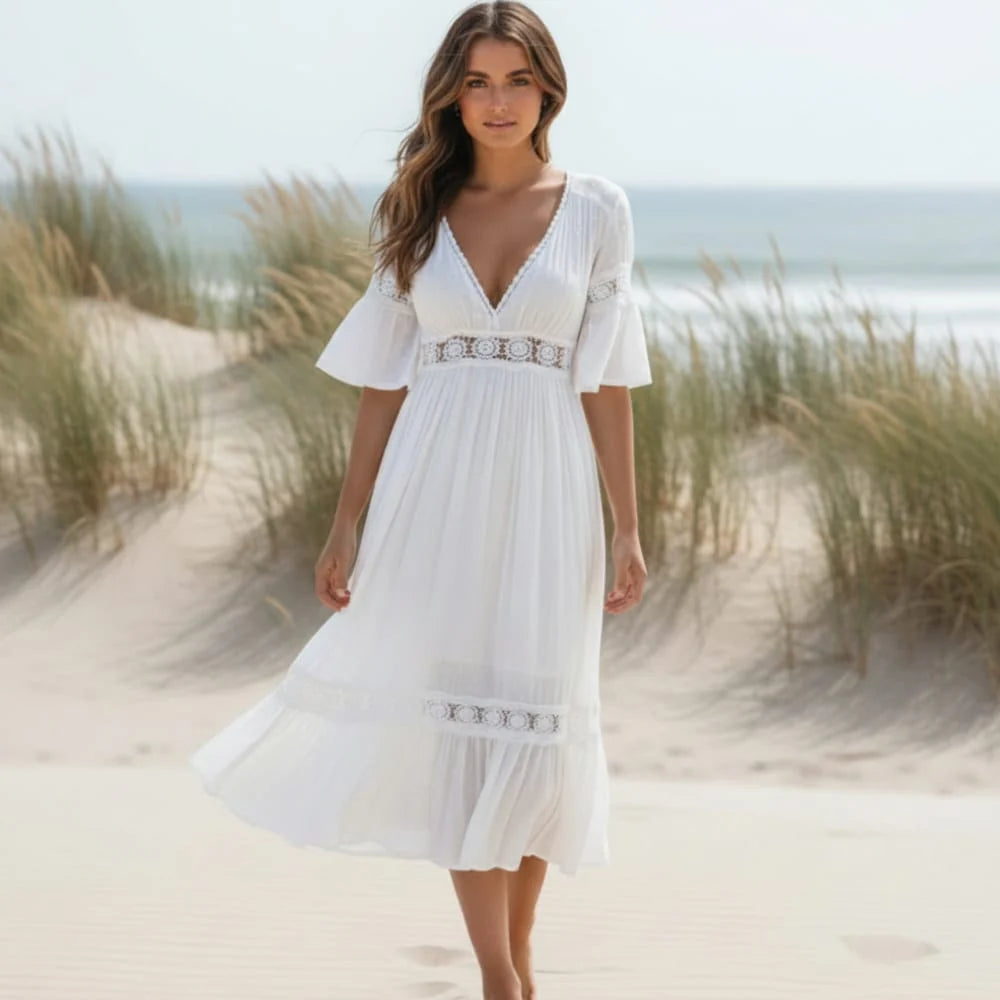 White Lace Midi Dress with Flare Sleeves