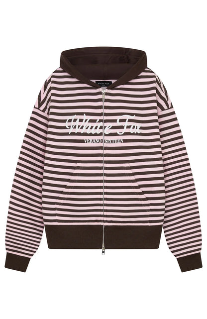 Verano Sixteen Maria Boxy Zip Front Hoodie Pink Choc Stripe