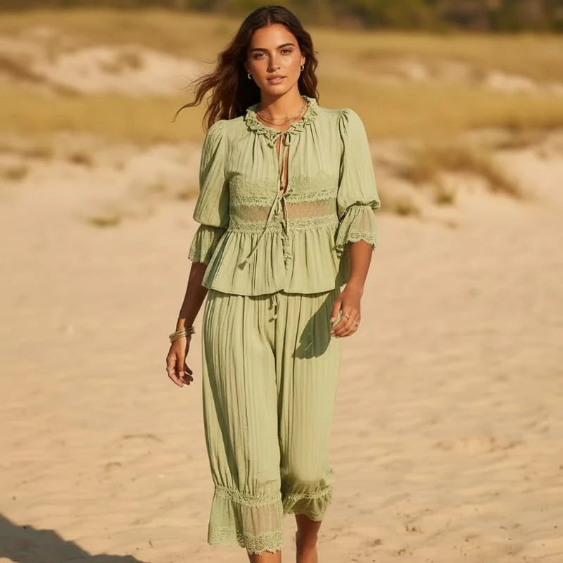 Boho Lace Trim 2 Piece Pants Set