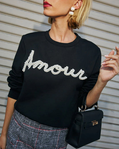 Signed Love Pearl Embellished Pullover Sweater