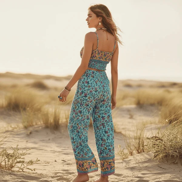 Turquoise Floral Ruffle Crop Top Flowy Pants Set