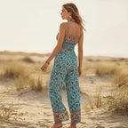Turquoise Floral Ruffle Crop Top Flowy Pants Set