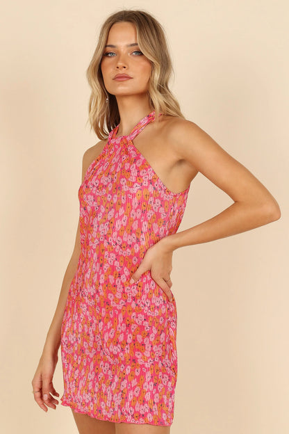 Melody Plisse Halter Mini Dress Hot Pink