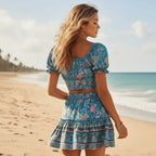 Turquoise Boho Floral Crop Top Mini Skirt Set