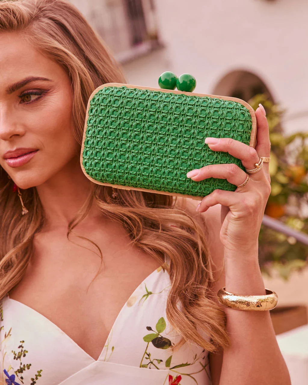Lindsie Woven Vegan Leather Wooden Frame Clutch