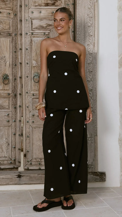 Kailani Strapless Top and Pants Set Black White Polka