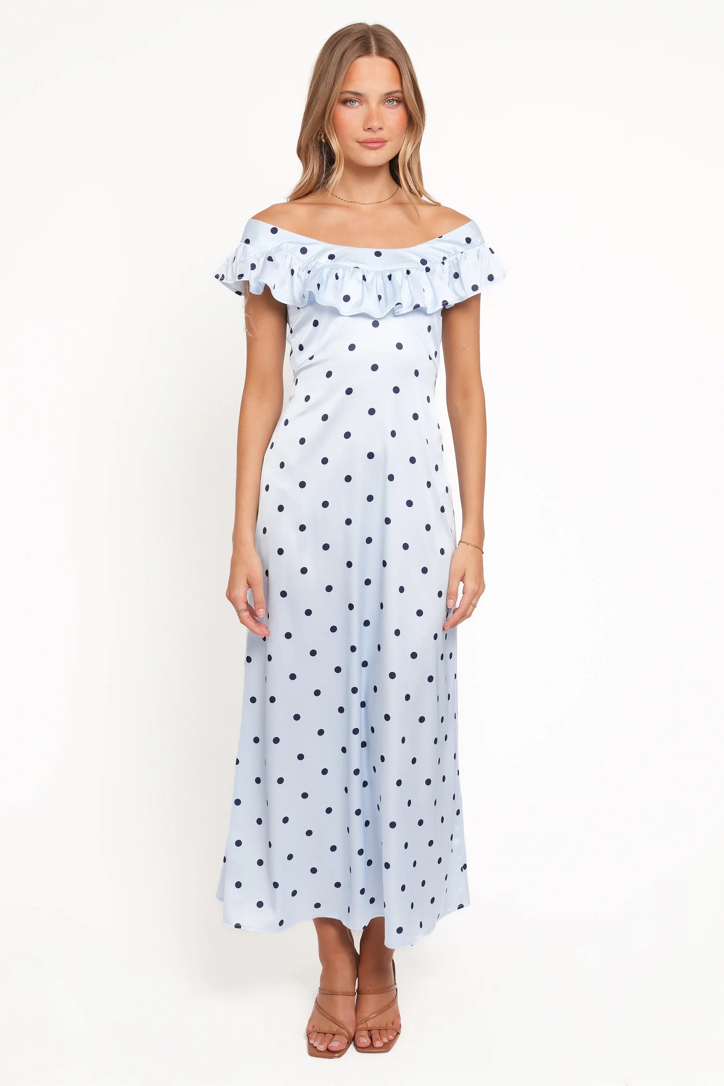 Manaris Off Shoulder Maxi Dress Blue Polka Dot