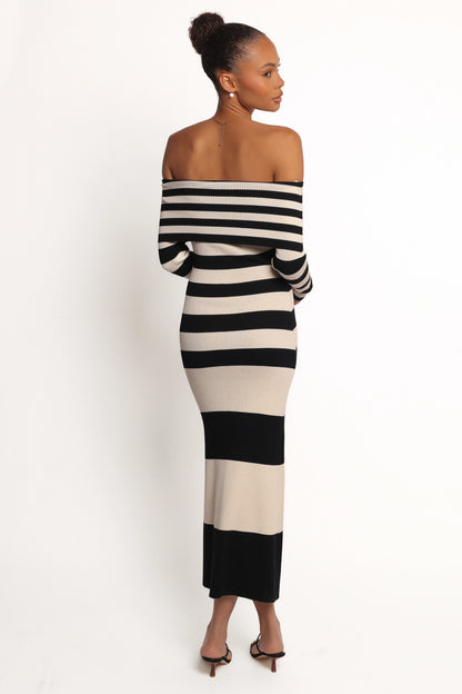 Banks Off Shoulder Knit Dress Black Cream Stripe