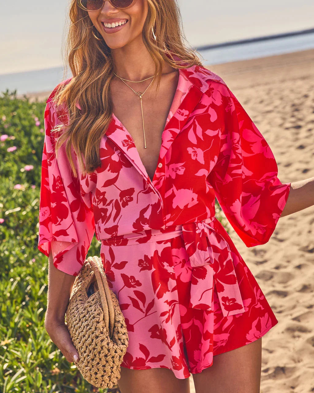 Shaney Color Block Waist Tie Floral Romper