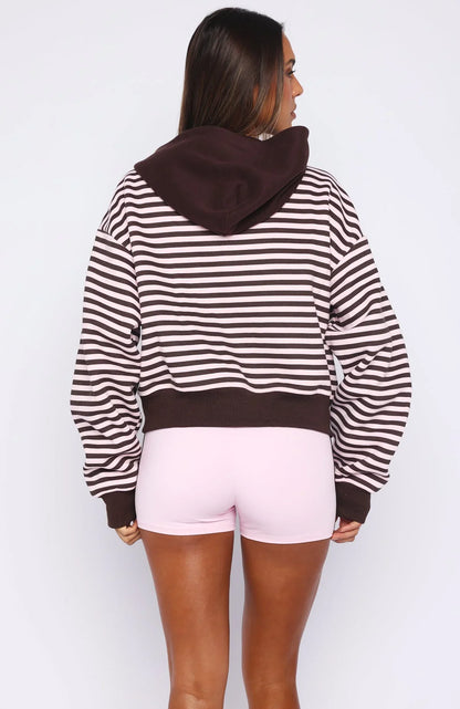 Verano Sixteen Maria Boxy Zip Front Hoodie Pink Choc Stripe