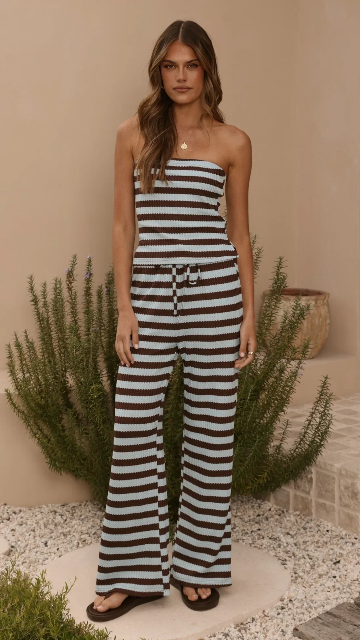 Milla Strapless Top Pants Set Brown Blue Stripe
