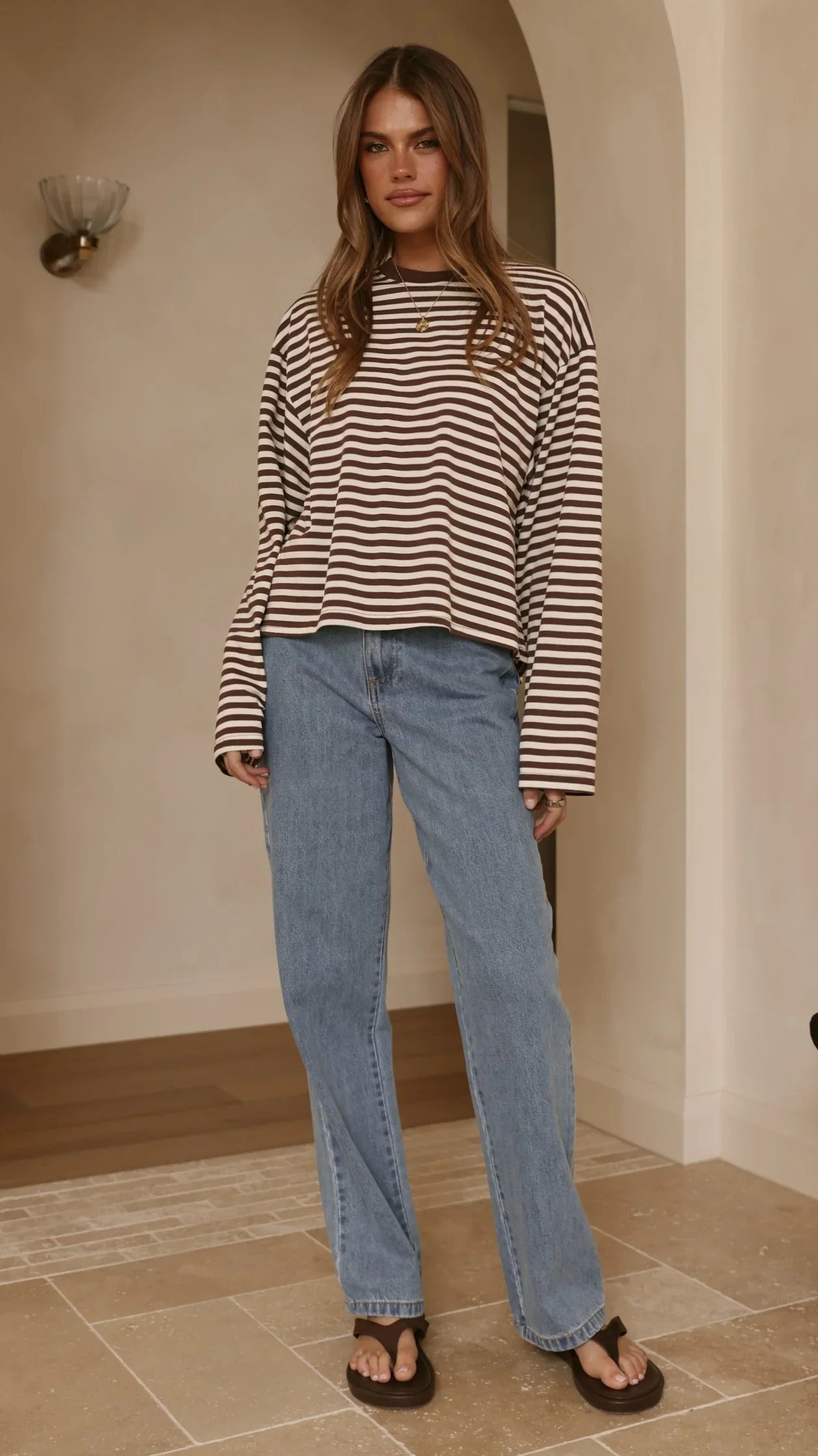 Solana Long Sleeve Top Choc White Stripe