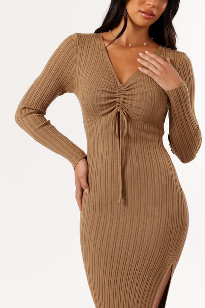 Irene Long Sleeve Midi Dress Coffee