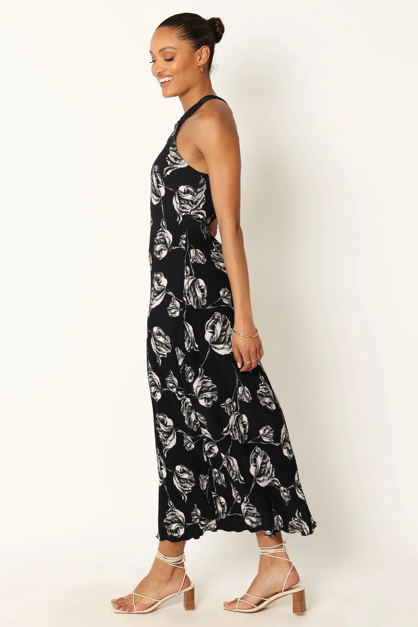 Melody Plisse Halter Maxi Dress Black Floral
