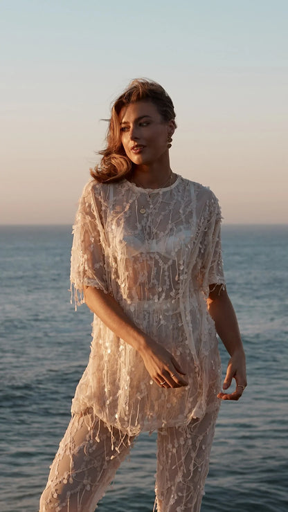 Zabby Sequin Oversized T Shirt Beige