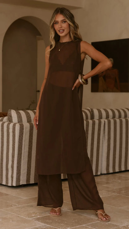 Zaire Long Line Sheer Top and Pants Set Chocolate