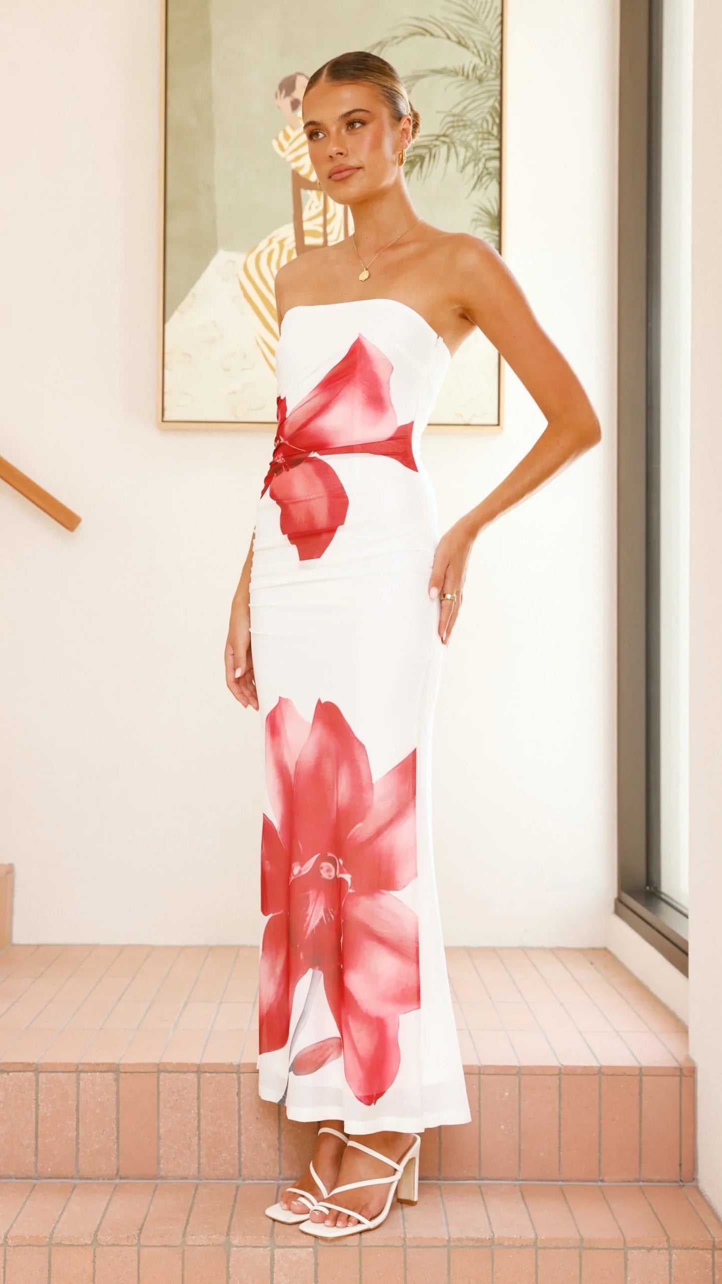 Brittani Strapless Maxi Dress White Red