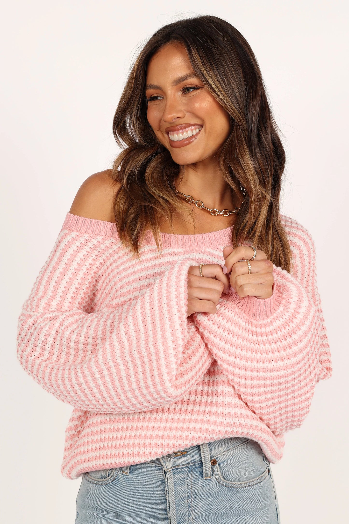Becca Crewneck Waffle Stitch Stripe Knit Sweater Pink