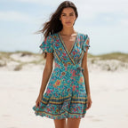Green Boho Floral Wrap Mini Dress